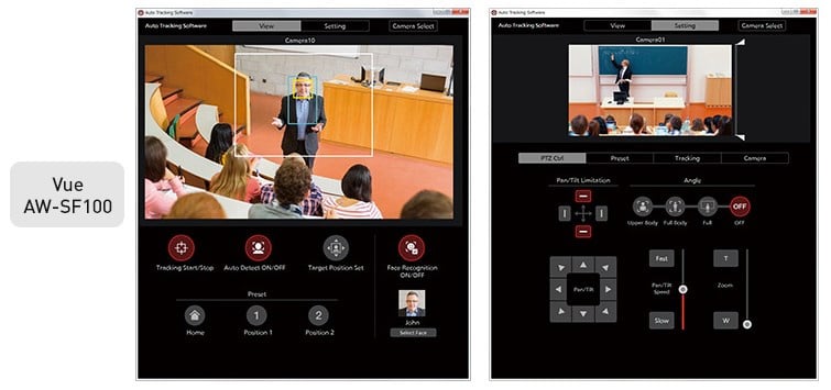 Interface logicielle pour le système de suivi automatique VUE AW-SF100 affiché sur les écrans.