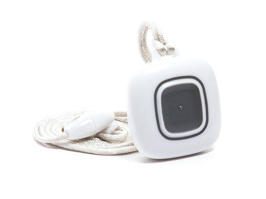 White waterproof pendant with a gray button on a white lanyard.