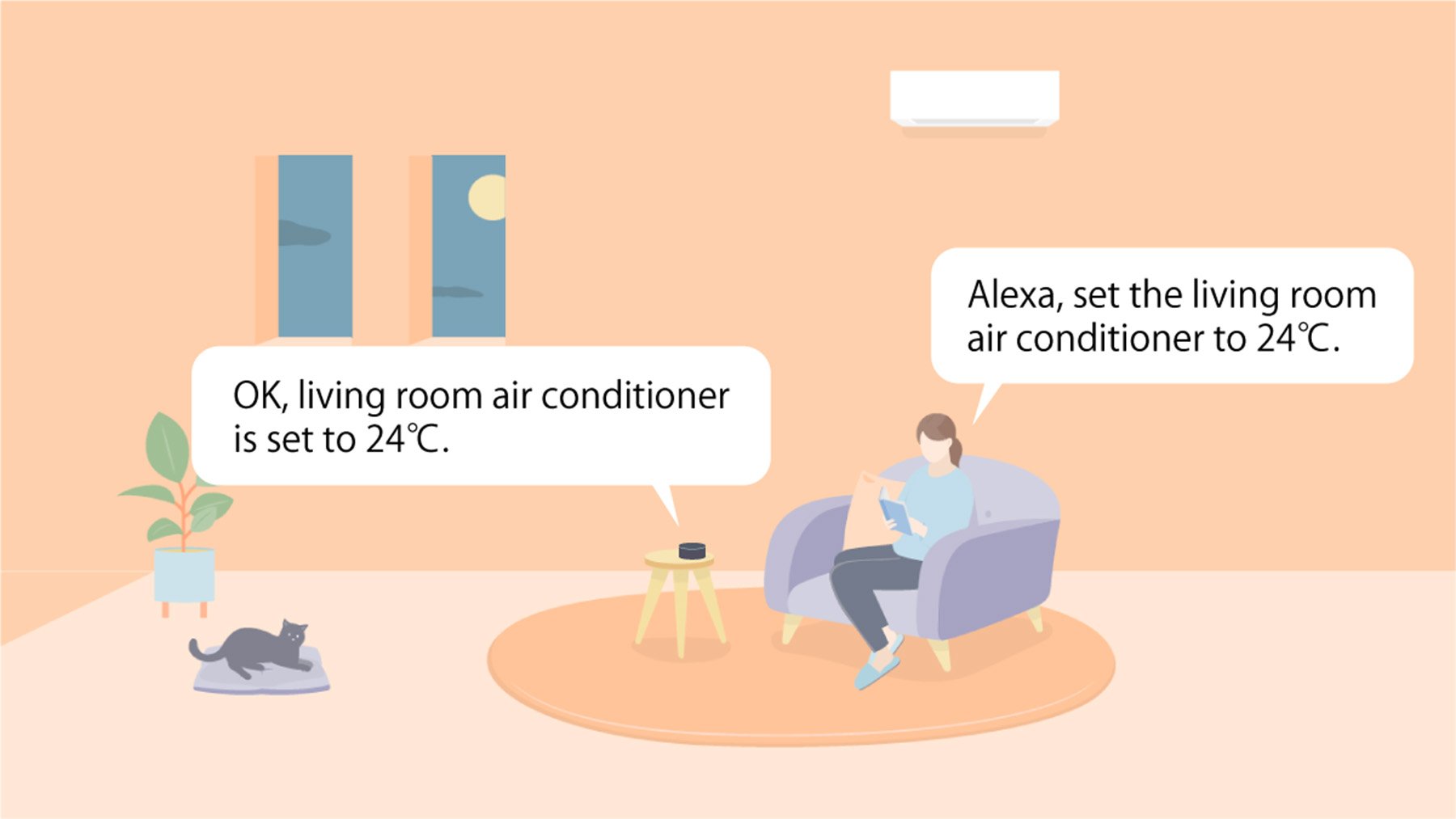 Person using Alexa to ask for the air condition to be set to 24 degrees Celsius