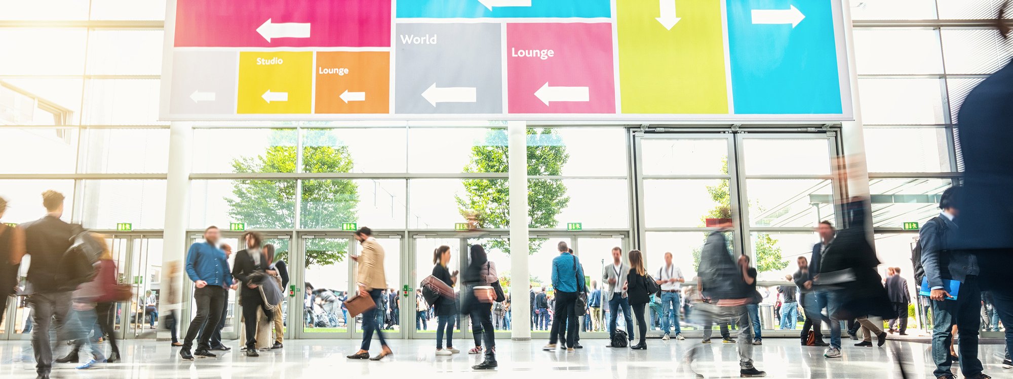 A busy convention centre lobby
