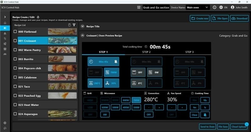 The SCV Control Hub app displays the Recipe Management screen, showing a list of recipes on the left and an editing panel on the right. The selected recipe shows multiple cooking steps with timers, icons, and temperature settings, along with a preview of the oven interface.