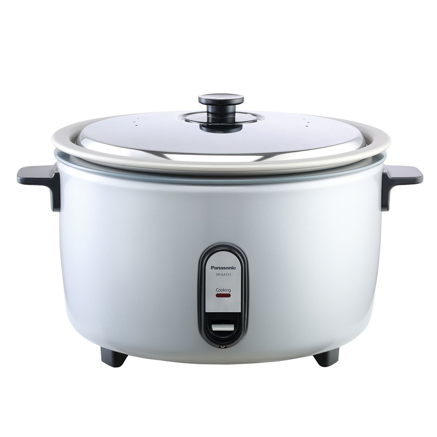 Large grey Panasonic commercial rice cooker with front button, 2 small side handles and stainless steel lid.
