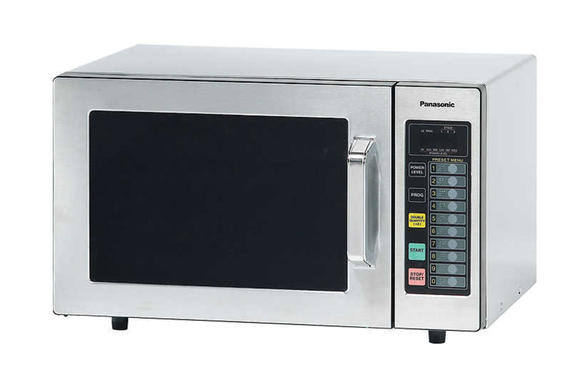 Stainless steel microwave oven with digital control panel.