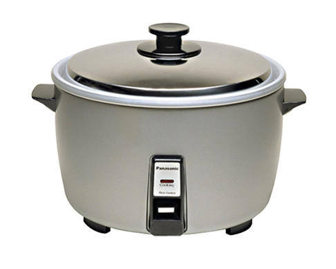 Commercial rice cooker with lid and control panel.