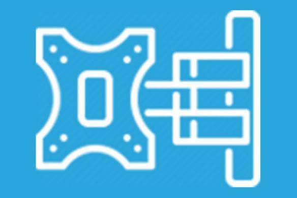 Blue icon of a mechanical part with a central piece and extending arms.