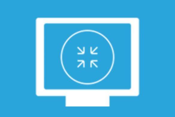 Icon of a computer monitor with a stylized symbol on a blue background.