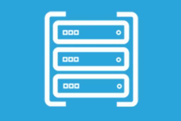 Icon of a server rack with three units on a blue background.