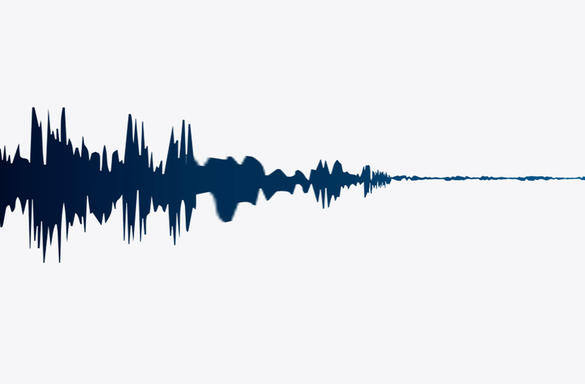 Blue sound wave graphic on a white background.