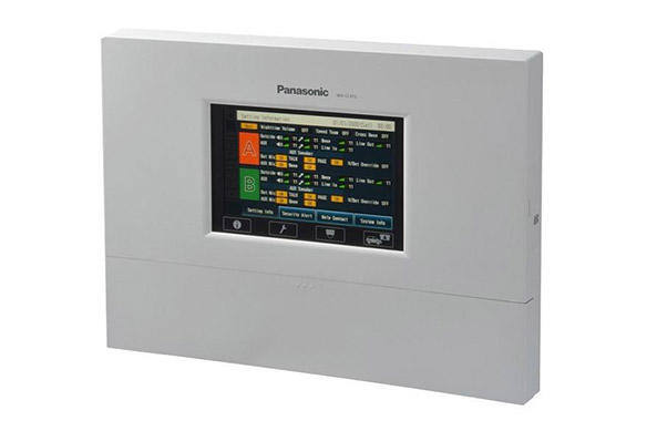Panasonic wall-mounted electronic display with a colorful interface.