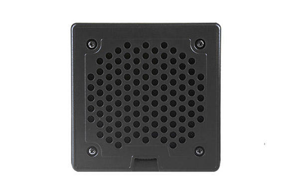 Black square device with a perforated pattern and mounting holes.
