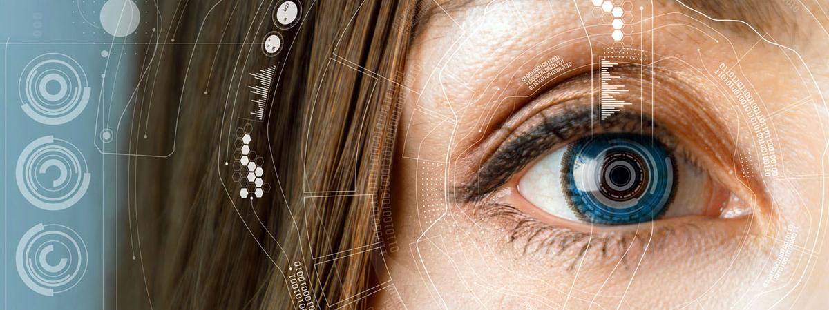 A closeup of a human eye with a biometrics overlay
