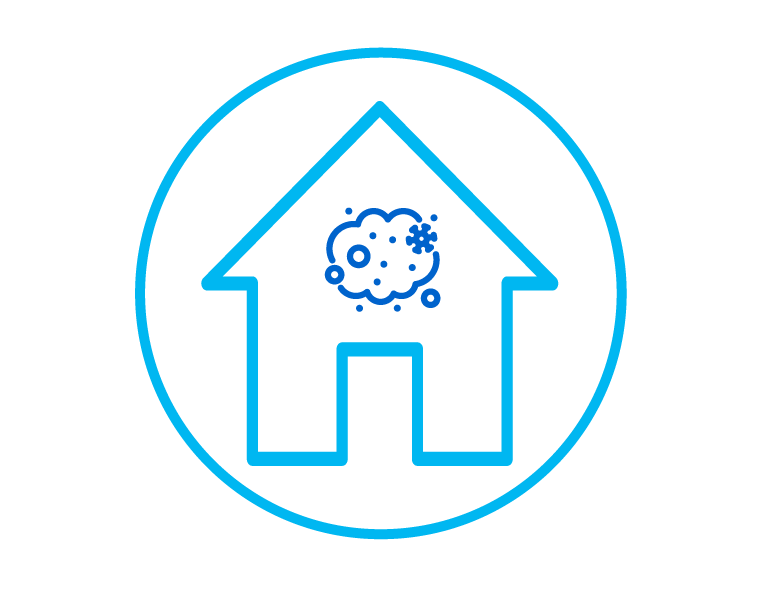 House icon with a cloud of debris inside