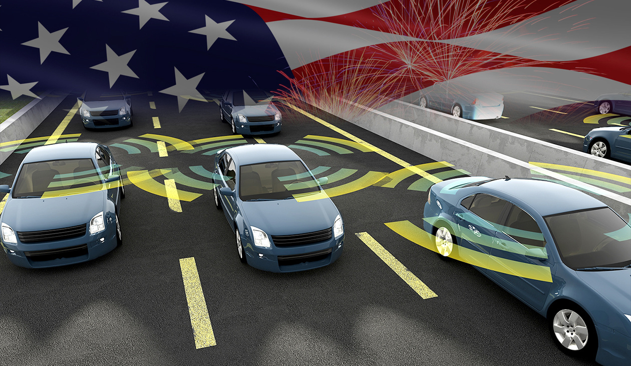 A rendering of Driverless cars on a highway and a waving American flag