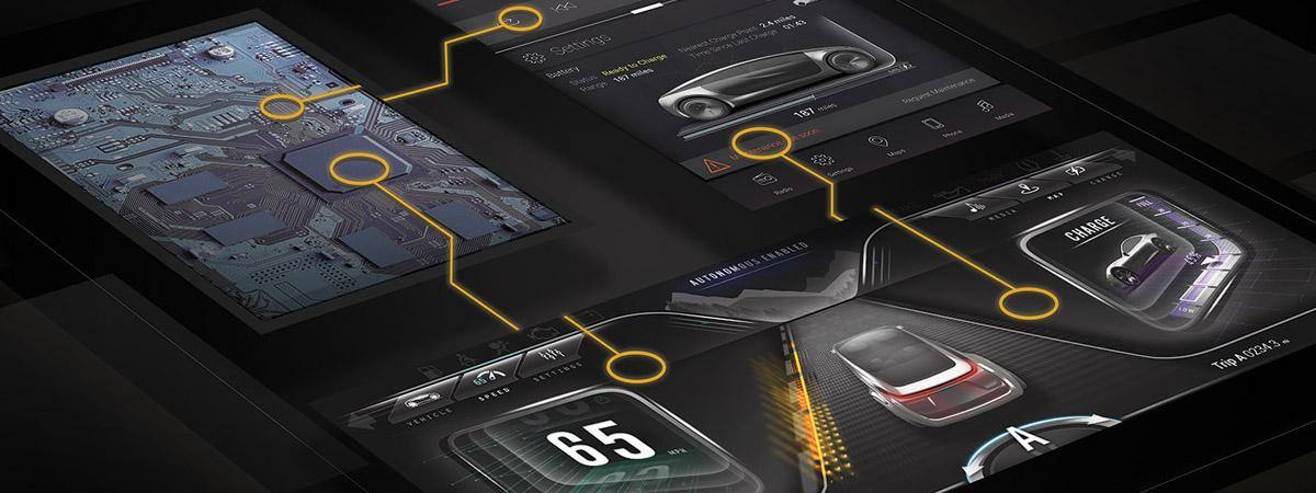 Graphic displaying futuristic vehicle infotainment systems