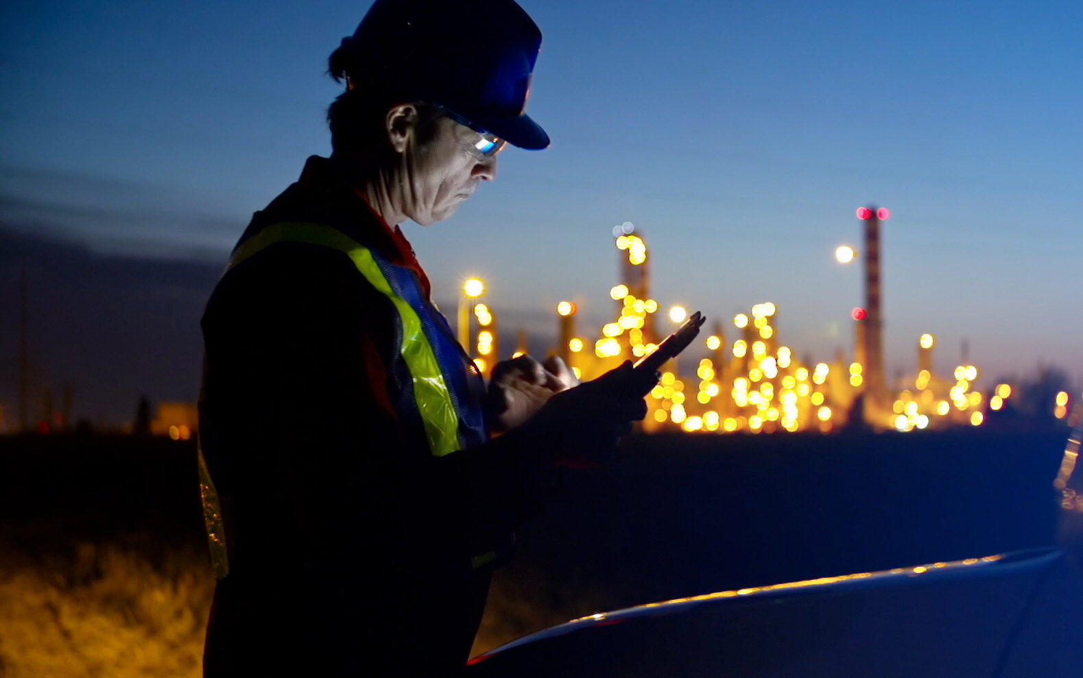 A worker in a reflective vest, with bright city lights in the background