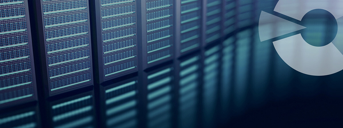 a long row of glowing blue stacks