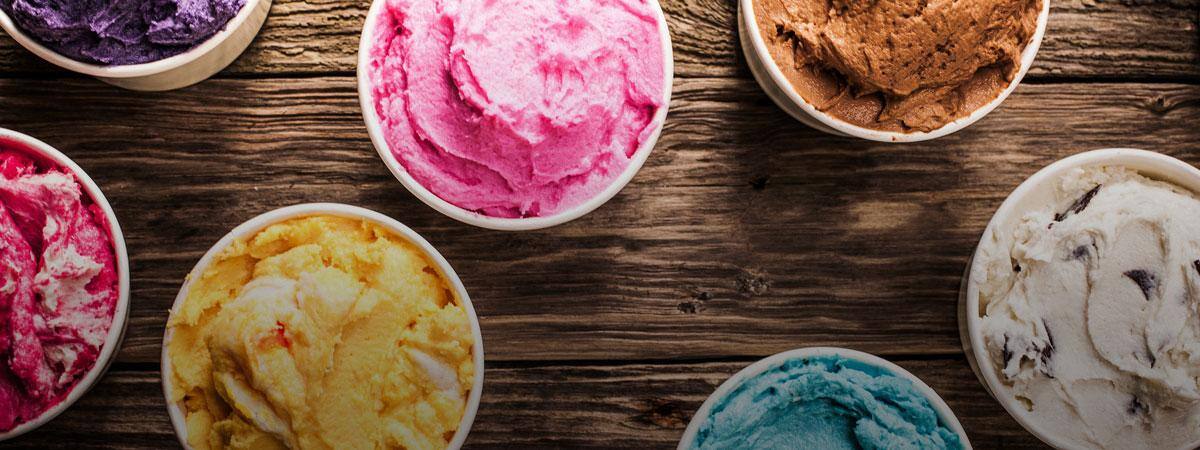 Different flavours of brightly coloured ice cream