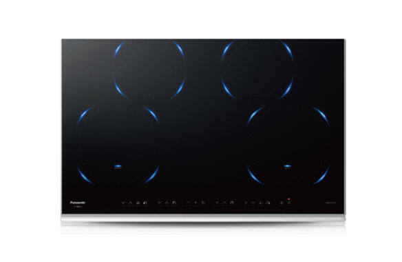 Black induction cooktop with illuminated blue rings and touch controls.