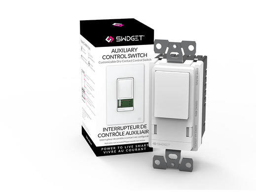 Auxiliary control switch with packaging, displayed next to its box.