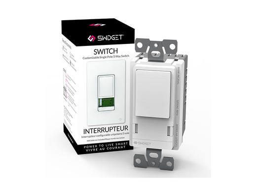 Customizable smart light switch next to its packaging box.