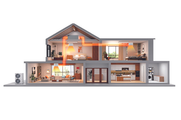 Graphic of a house that illustrates the flow of heating and cooling from room to room