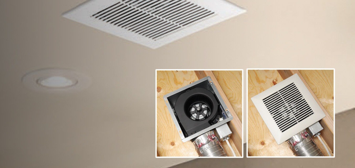 Ceiling with fan installed in background and two images of EvoVent fans superimposed in foreground, one with grill on and one with grill off