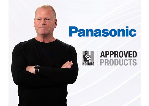 Graphic with Mike Holmes standing with arms cross next to Panasonic logo and Holmes Approved Products logo