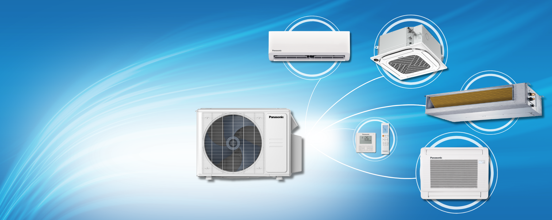 Image des différents éléments intérieurs et extérieurs du système de refroidissement et de chauffage de la série Projets de Panasonic, sur fond bleu.