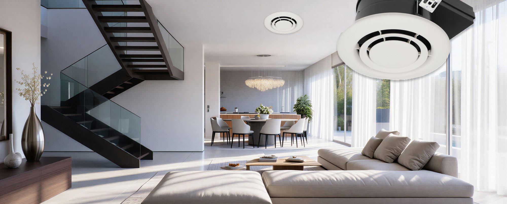 Image d'un salon avec un ventilateur Panasonic fixé au plafond