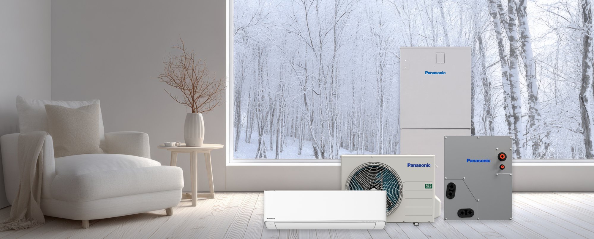 Image d'un salon avec divers produits de chauffage et de climatisation Panasonic