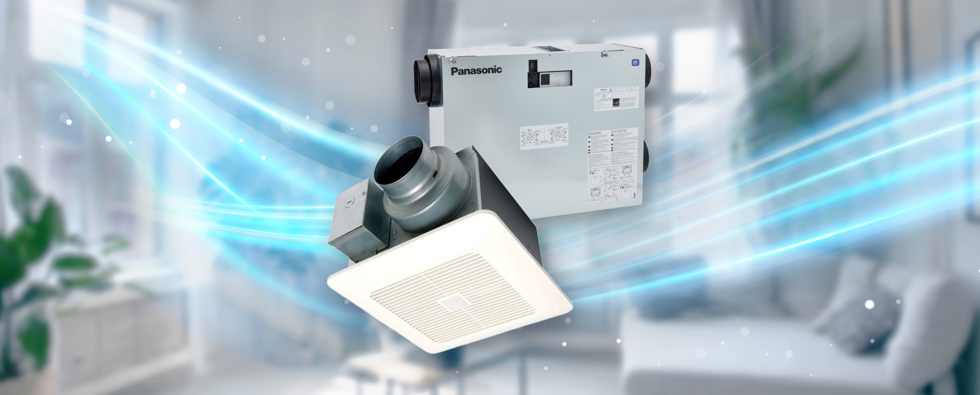 Panasonic ventilation fan and ERV unit with graphic representing air flowing through them