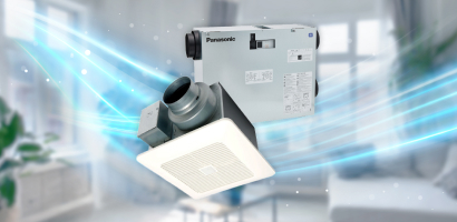 Panasonic ventilation fan and ERV unit with graphic representing air flowing through them