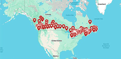 Map of Canada with red pin icons representing the many Panasonic HVAC and ventilation dealers across Canada