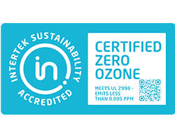 Logo: INTERTEK SUSTAINABILITY ACCREDITED, Certified zero ozone meets UL 2998 – emits less than 0.005 ppm