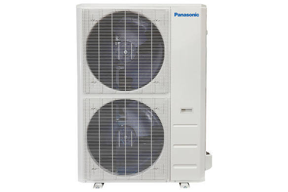 White Panasonic central heat pump with dual fans.