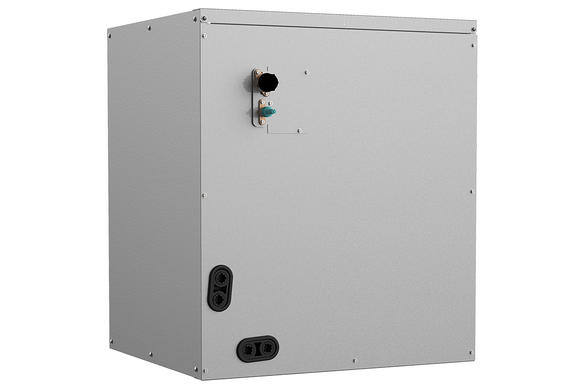 Gray central heat pump unit with control valves and connectors.