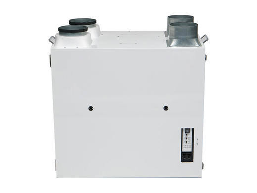 White rectangular ventilation unit with control panel and dual ducts on top.