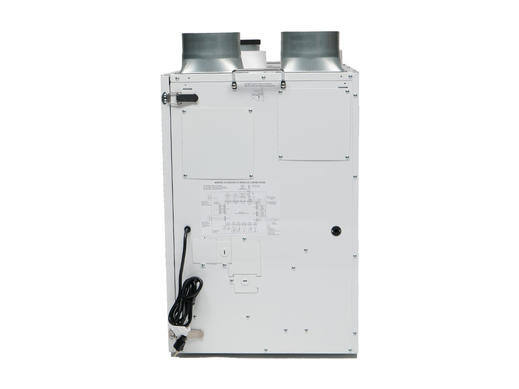 Gray rectangular mechanical unit with dual exhausts and a power cord.