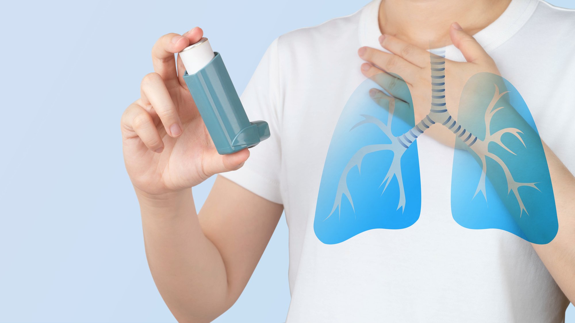 Graphic of man with an inhaler and overlayed lungs