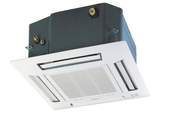 Unité de climatisation intérieure montée au plafond avec une calandre blanche.