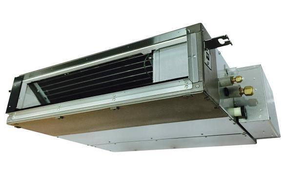 Low-profile ducted indoor HVAC unit with visible pipes and vents.