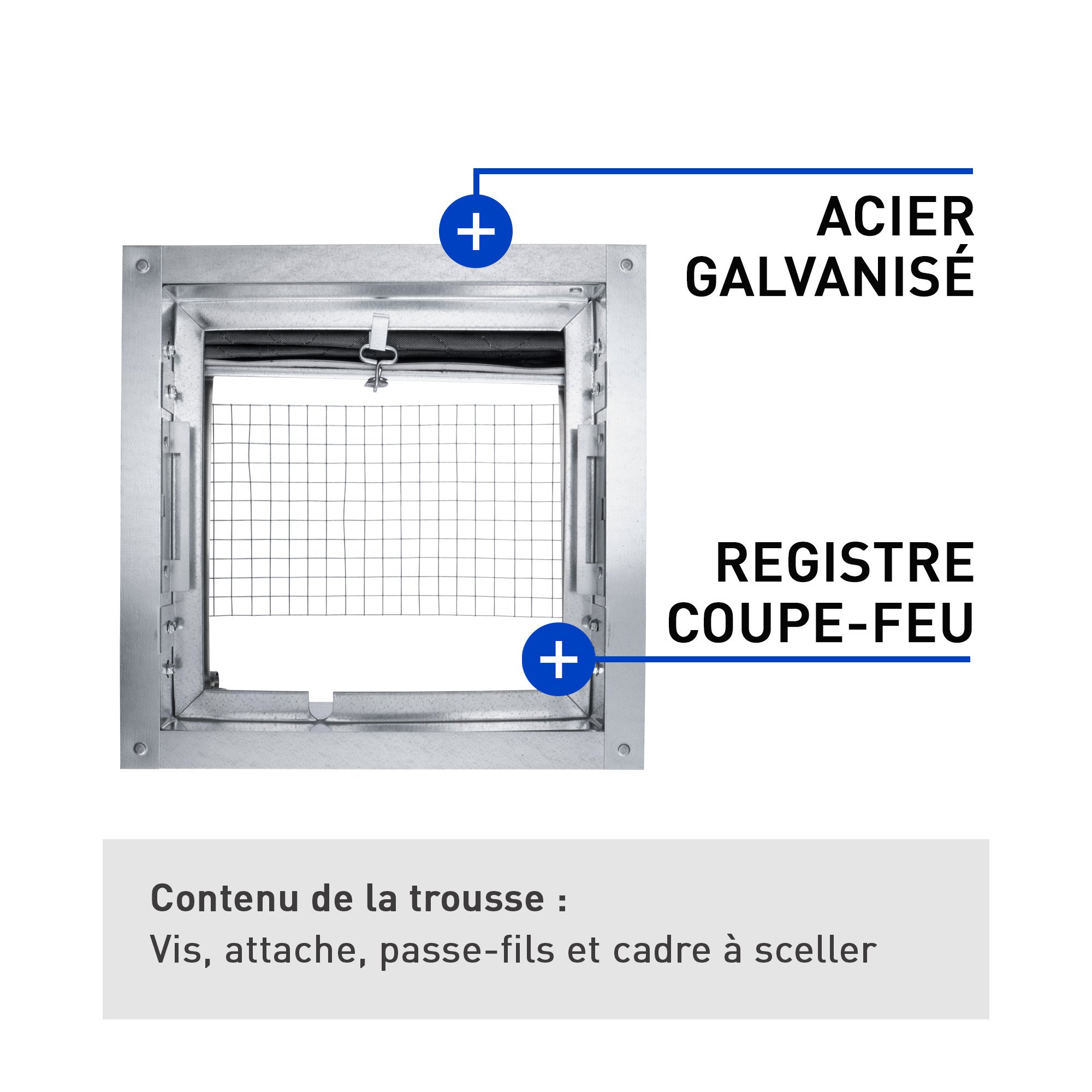 Image d'un registre coupe-feu Panasonic d'acier galvanisé et accessoires continus dans la trousse du registre : vis, attache, passe-fils et cadre à sceller.