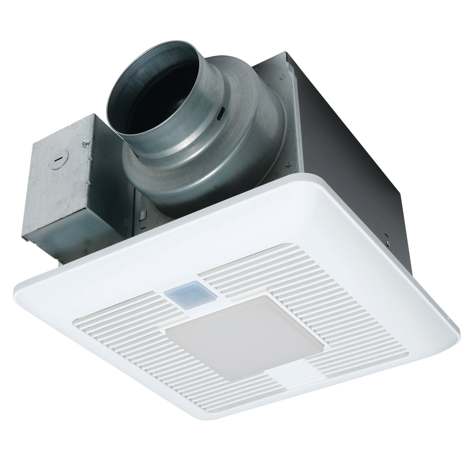 Ventilateur monté au plafond avec une grille blanche et un port de conduit.