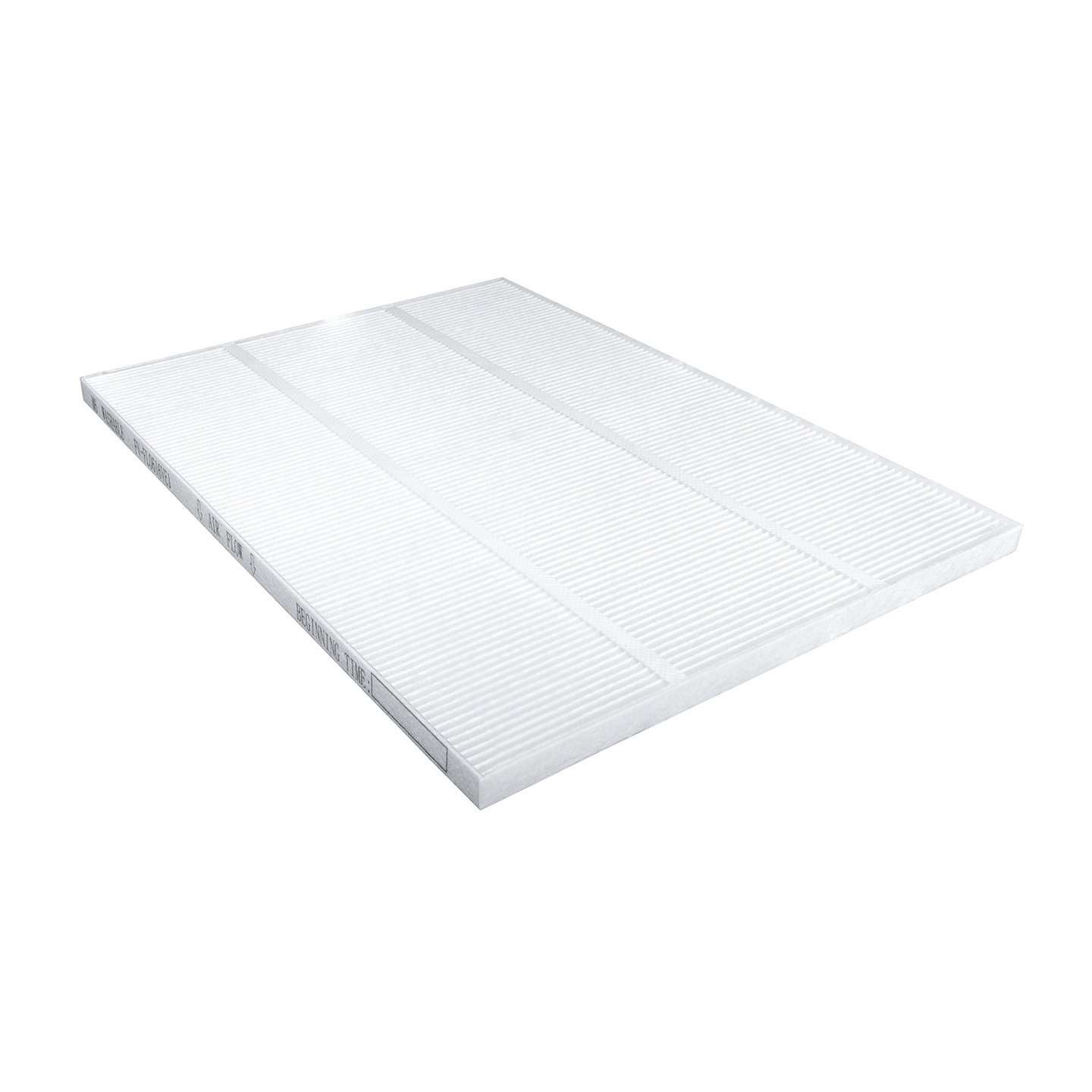 White rectangular air filter with small writings on the side.