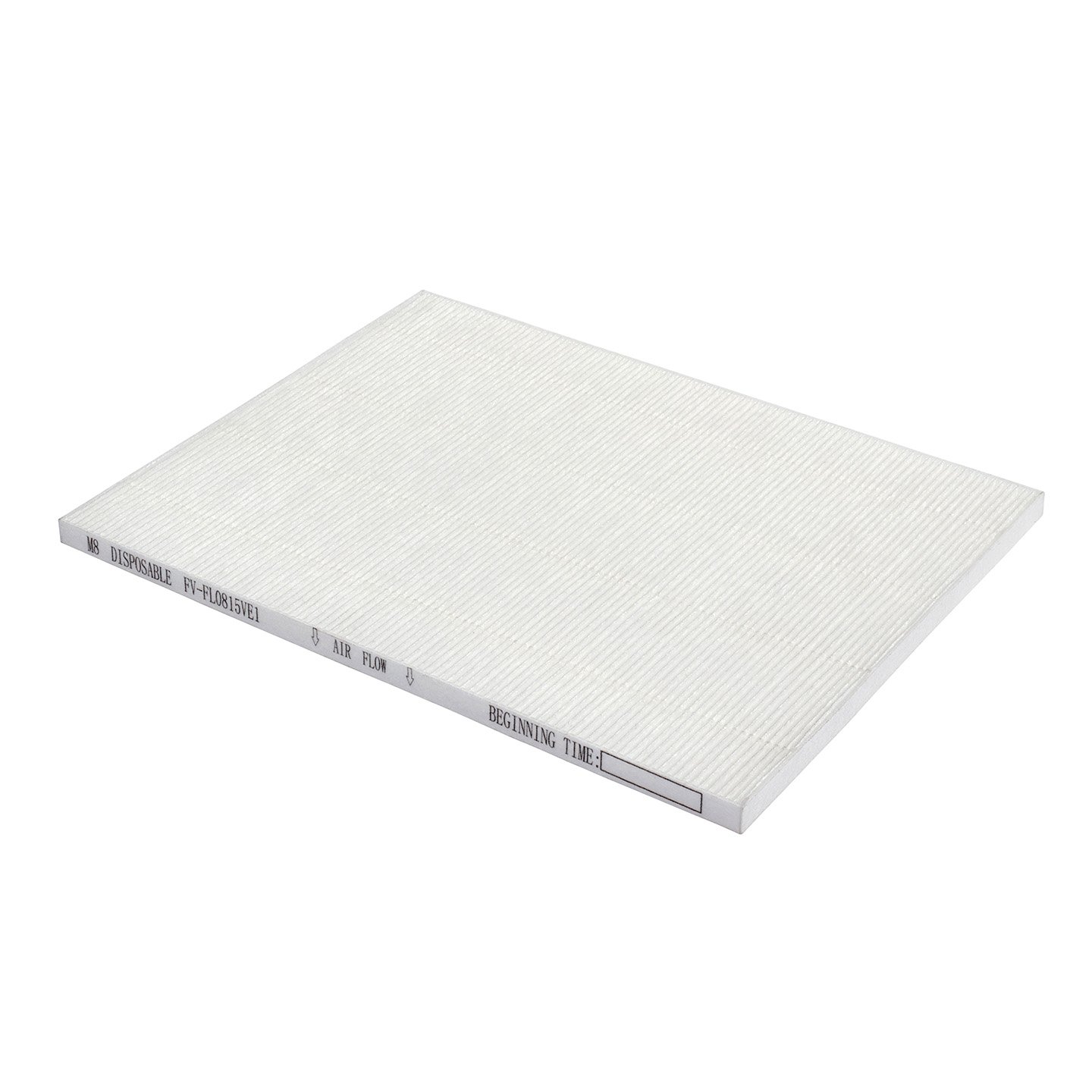 Filtre à air rectangulaire blanc avec des petites écritures sur le côté.