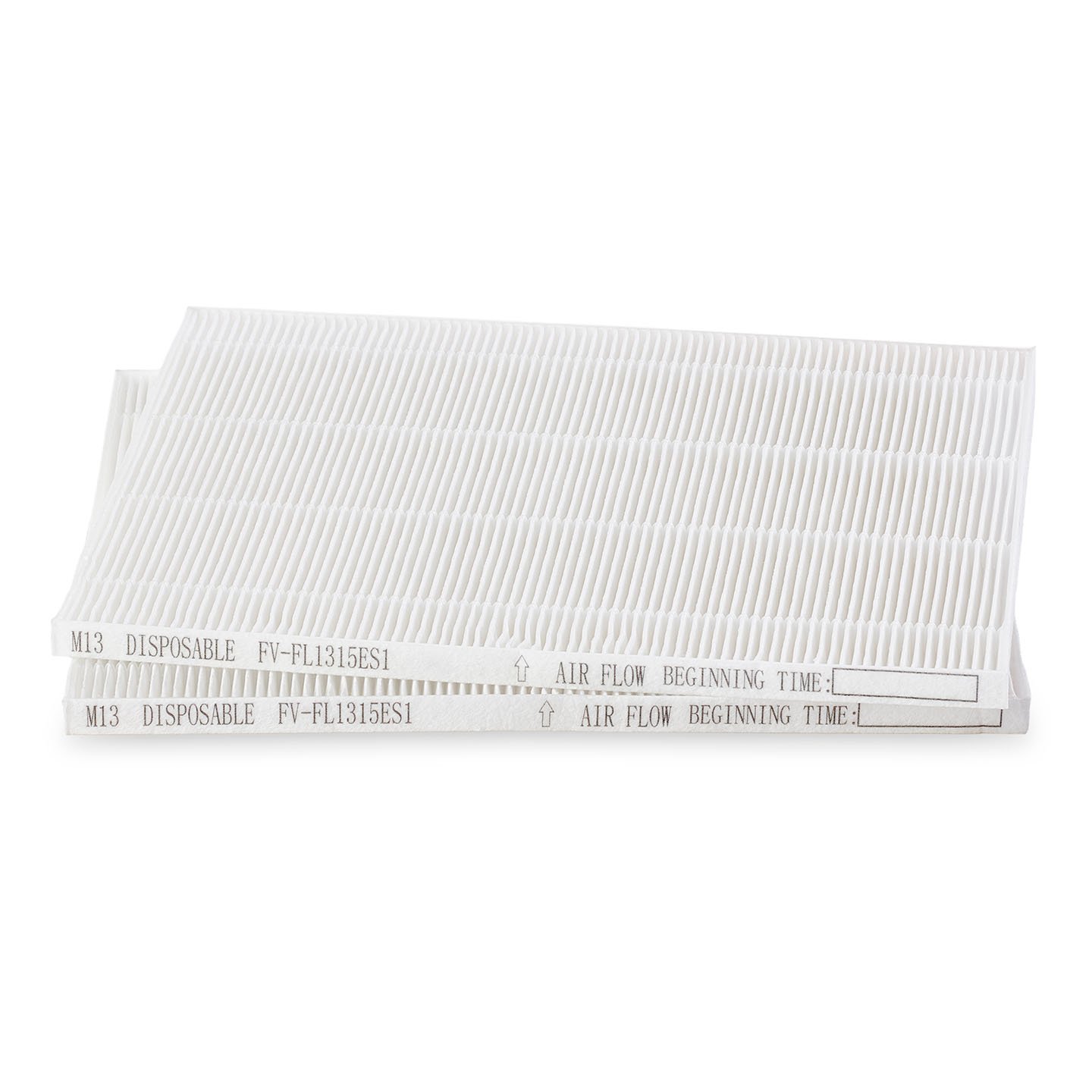 2 White rectangular air filter on top of each other with small writings on the side.