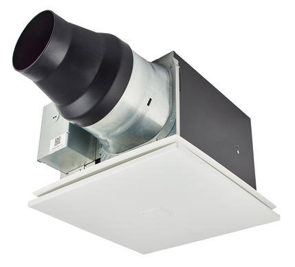 Ceiling-mounted ventilation fan with square cover and duct.