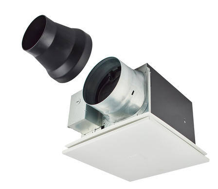 Ventilation fan with a square design and attached duct.