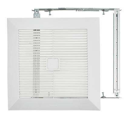 Ceiling-mounted ventilation fan with square grille and side bracket.
