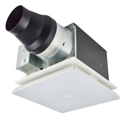 Ceiling-mounted ventilation fan with square cover and duct pipe.